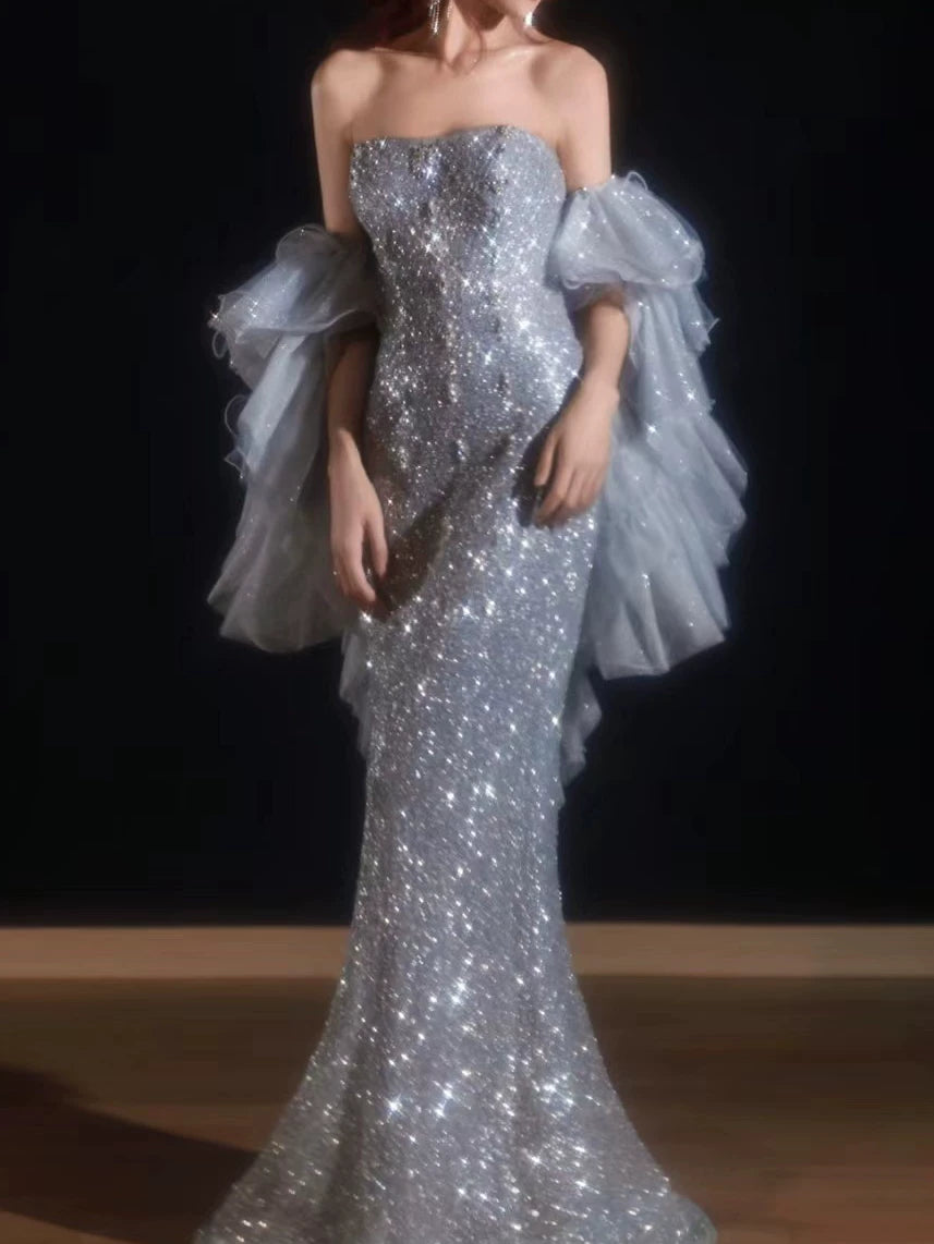 Robe de soirée sirène scintillante, bustier, sequins gris argentés, robe de bal longue, tenue de fête pour un 21e anniversaire AB2316