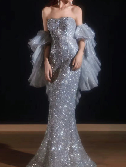 Robe de soirée sirène scintillante, bustier, sequins gris argentés, robe de bal longue, tenue de fête pour un 21e anniversaire AB2316