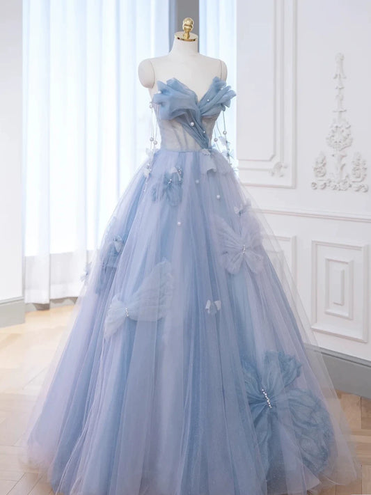 Elegant Ball Gown Sweetheart Blue Tulle Long Prom Dresses Formal Party Dress Prom Gown AB2318