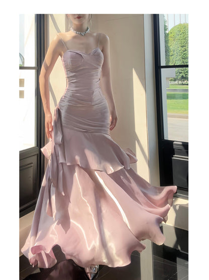 Elegantes Meerjungfrauen-Abendkleid mit Spaghettiträgern, silbernen Rüschen, langes Kleid für Teenager, Abschlussball, 20. Geburtstag AB2506