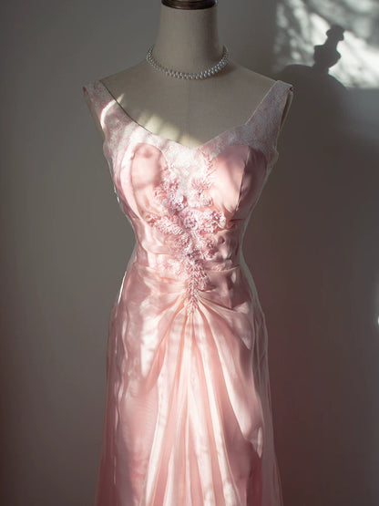 Vintage Meerjungfrauenkleid aus den 1960er Jahren, rosa mit Rüschen und Spitze, Inspiration für lange Party-Abendkleider, Outfits zum 18. Geburtstag AB2379