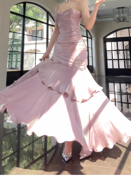 Modest Mermaid Spaghetti Straps Pink Long Prom Dresses High School Teens Senior Graduation Dance Party Dress Outfits AB2512