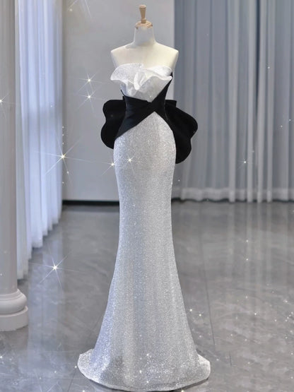 Robe de bal sirène élégante sans bretelles à sequins blancs, inspiration robe de soirée longue pour un 19e anniversaire AB2306