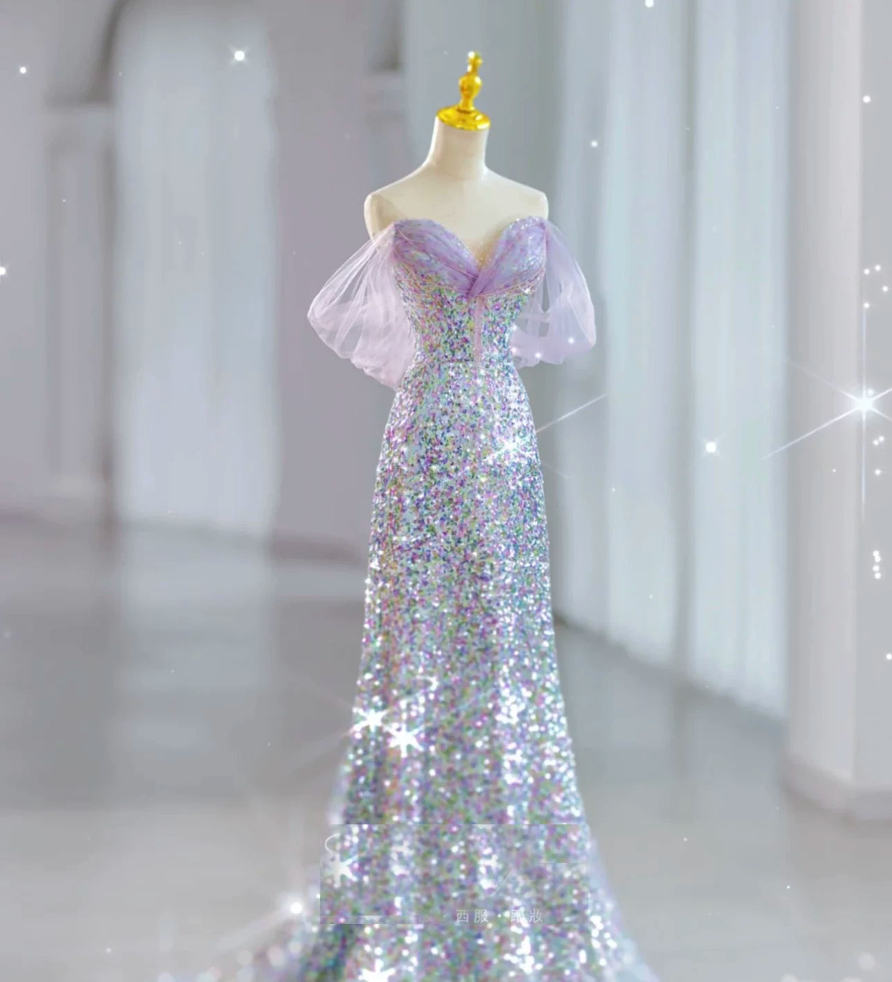 Elegantes, schulterfreies Meerjungfrauen-Abendkleid mit Pailletten in Flieder – Inspiration für lange Partys und den 19. Geburtstag AB2319
