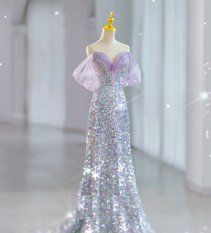 Elegantes, schulterfreies Meerjungfrauen-Abendkleid mit Pailletten in Flieder – Inspiration für lange Partys und den 19. Geburtstag AB2319