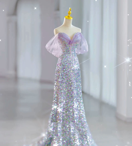 Modest Mermaid Off The Shoulder Lilac Sequins Prom Dresses Inspiration Long Party Night Evening Dress 19th Birthday Outfits AB2319