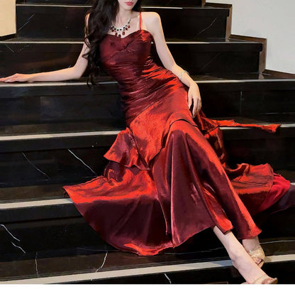 Elegantes Meerjungfrauen-Abendkleid mit Spaghettiträgern, silbernen Rüschen, langes Kleid für Teenager, Abschlussball, 20. Geburtstag AB2506