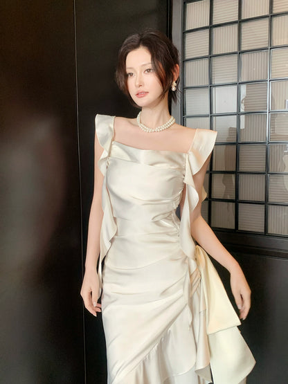 Elegantes Meerjungfrauen-Abendkleid aus weißem, seidigem Satin mit eckigem Ausschnitt und Knöchellänge – perfekt für den 16. Geburtstag oder andere festliche Anlässe (AB2423)