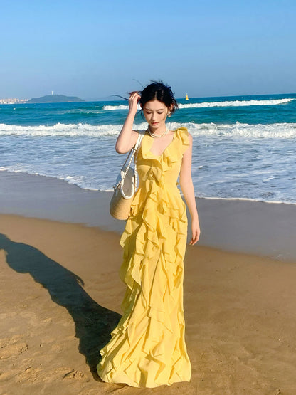 Elegantes, gelbes Chiffon-Abendkleid in A-Linie mit V-Ausschnitt und mehreren Lagen, langes Abendkleid für den 16. Geburtstag, AB2413