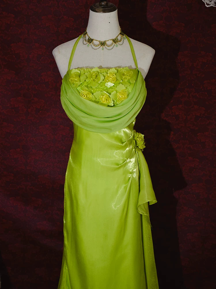 Robe de bal longue vintage années 90, coupe trapèze, col halter fleuri, inspiration robe de soirée rétro tenue d'anniversaire 21 ans AB2375