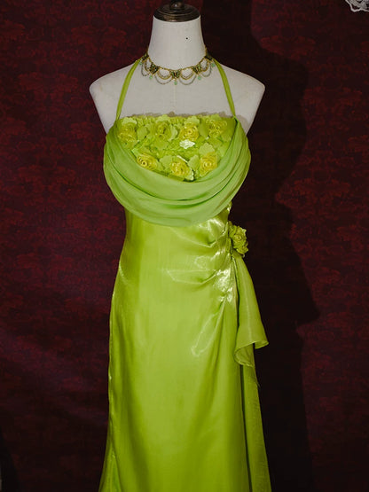 Robe de bal longue vintage années 90, coupe trapèze, col halter fleuri, inspiration robe de soirée rétro tenue d'anniversaire 21 ans AB2375