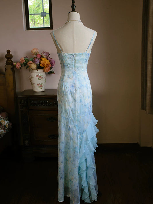 Vintage 1960s A line Spaghetti Straps Light Blue Chiffon Prom Dresses Inspiration Long Party Evening Dress 18th Birthday Outfits AB2386