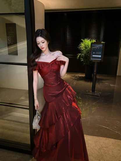 Elegantes, schulterfreies, burgunderrotes Meerjungfrauen-Abendkleid, langes Kleid, Outfit für den 16. Geburtstag, AB2460