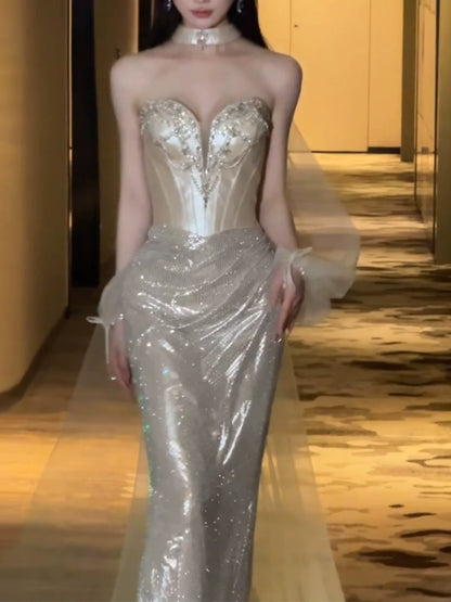 Sexy Meerjungfrauen-Abendkleid mit Pailletten, champagnerfarben, langes, formelles Ballkleid, Tanznacht-Outfit, Partykleid AB2204