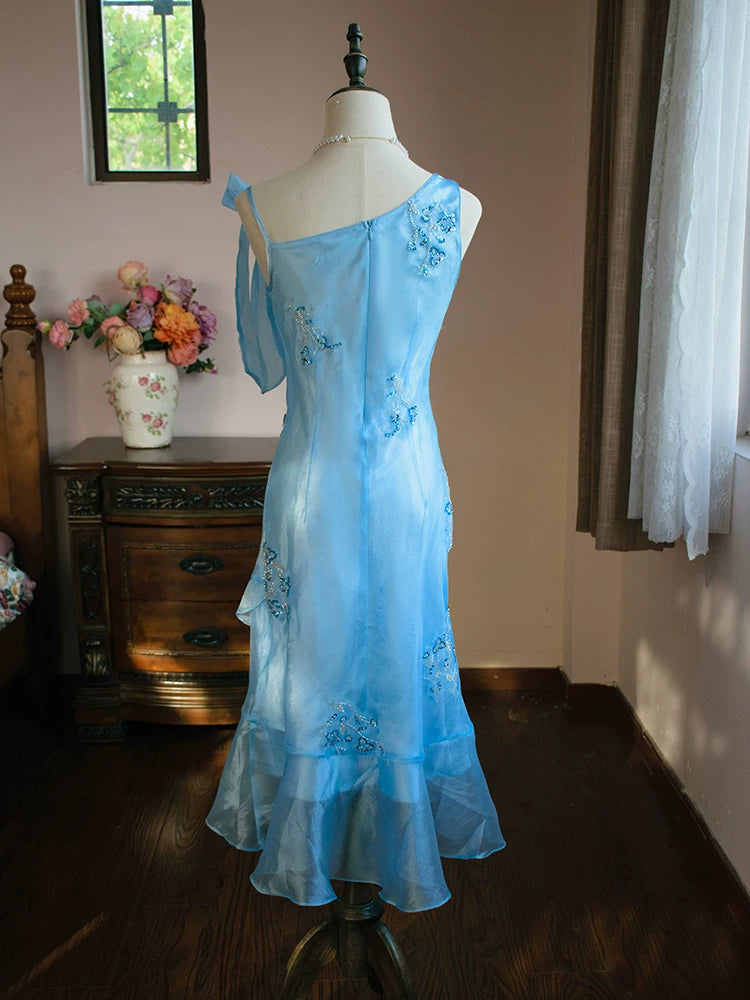 Vintage Meerjungfrauen-Abendkleid aus den 1980er Jahren, knielang, blau mit Perlen, Inspiration für Partys, Abendkleider, Outfits zum 18. Geburtstag AB2373