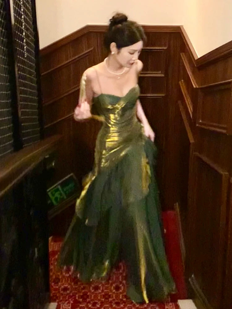 Elegantes Meerjungfrauen-Abendkleid mit Spaghettiträgern, silbernen Rüschen, langes Kleid für Teenager, Abschlussball, 20. Geburtstag AB2506