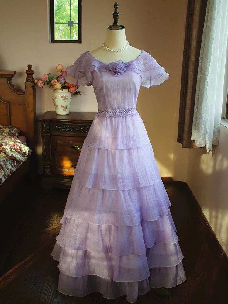 Vintage A-Linien-Abendkleid in Flieder mit U-Boot-Ausschnitt und Falten – Inspiriert von langen Partykleidern und Abendkleidern zum 18. Geburtstag AB2366
