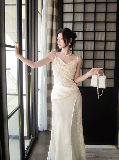 Elegantes Meerjungfrauen-Abendkleid mit Spaghettiträgern, Spitze und Chiffon, knöchellang, perfekt für Abschlussball, 16. Geburtstag oder Party (AB2420)