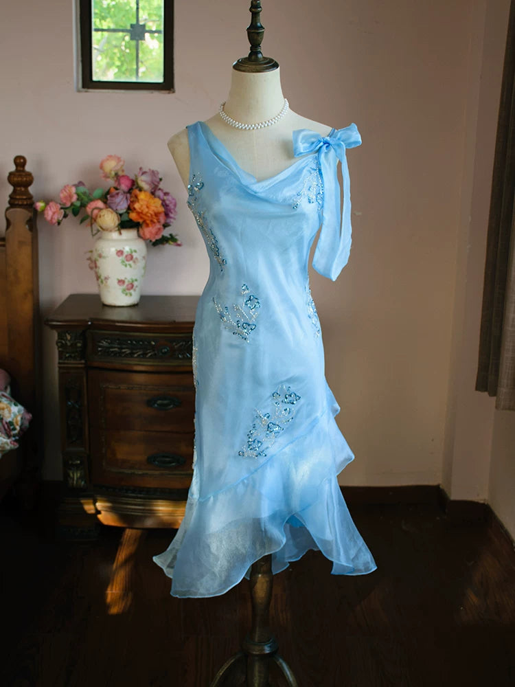 Vintage Meerjungfrauen-Abendkleid aus den 1980er Jahren, knielang, blau mit Perlen, Inspiration für Partys, Abendkleider, Outfits zum 18. Geburtstag AB2373