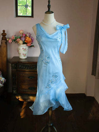 Vintage Meerjungfrauen-Abendkleid aus den 1980er Jahren, knielang, blau mit Perlen, Inspiration für Partys, Abendkleider, Outfits zum 18. Geburtstag AB2373