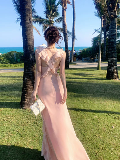 Robe de bal longue en mousseline rose corail, coupe trapèze, col en V, style simple, idéale pour un 16e anniversaire (AB2412)