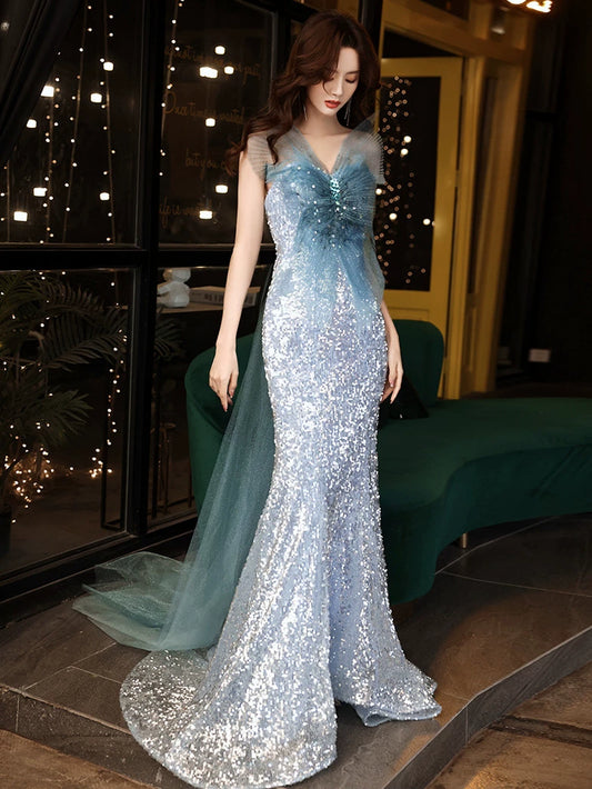 Robe de bal sirène bustier à sequins bleus, inspiration robe de soirée longue pour un 20e anniversaire AB2329