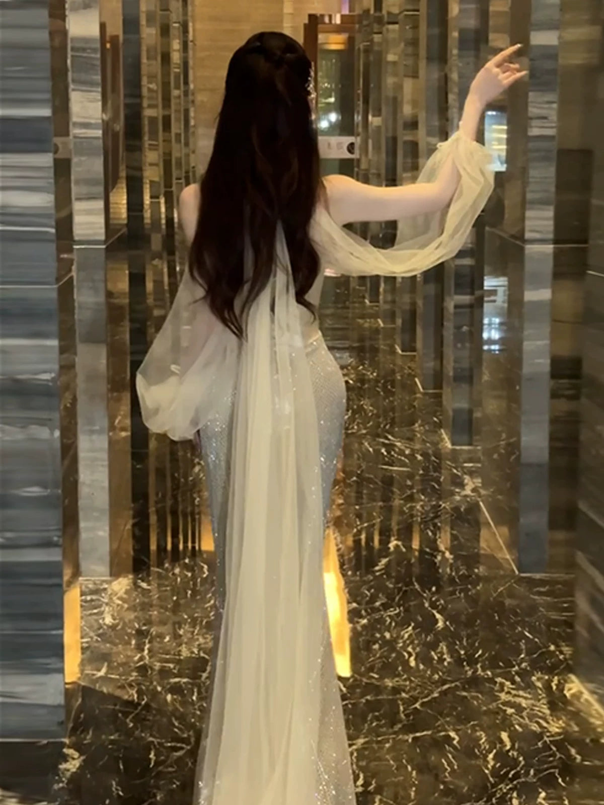 Sexy Meerjungfrauen-Abendkleid mit Pailletten, champagnerfarben, langes, formelles Ballkleid, Tanznacht-Outfit, Partykleid AB2204