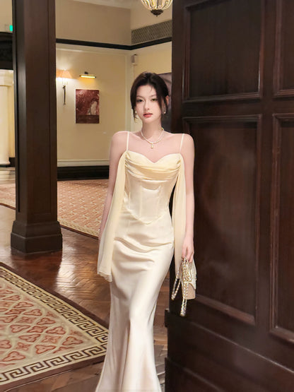 Robe de bal sirène sexy à fines bretelles en satin blanc, longueur cheville, robe d'invitée de mariage, tenue pour un 20e anniversaire AB2477