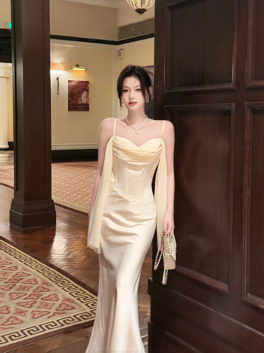 Sexy Mermaid Spaghetti Straps White Satin Ankle Length Prom Dresses Wedding Guest Dress 20th Birthday Outfits AB2477