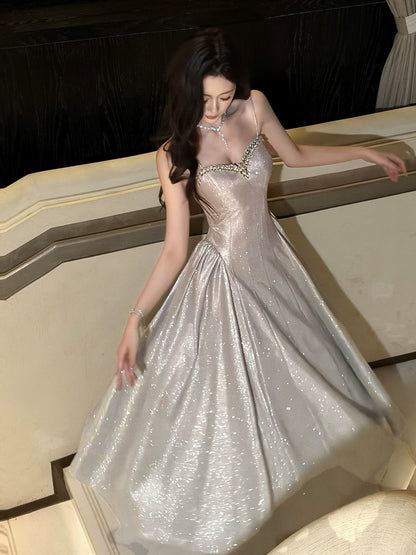 Robe de bal rose à sequins, coupe trapèze, bretelles spaghetti, style modeste, idéale pour un mariage ou un 20e anniversaire (AB2463)