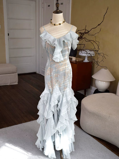 Vintage Meerjungfrauen-Kleid aus den 1960er Jahren mit Spaghettiträgern, hellblauem Chiffon, Inspiration für lange Partykleider, Outfits zum 18. Geburtstag AB2388