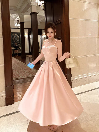 Elegantes, knöchellanges A-Linien-Abendkleid aus rosa Satin mit Spaghettiträgern – perfekt für den 17. Geburtstag oder andere festliche Anlässe (AB2497)