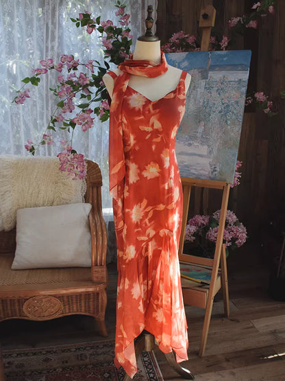 Vintage Meerjungfrauen-Chiffonkleid aus den 1950er Jahren mit V-Ausschnitt, floralem Muster und Schal – Inspiration für lange Party- und Abendkleider, Outfits zum 18. Geburtstag AB2378
