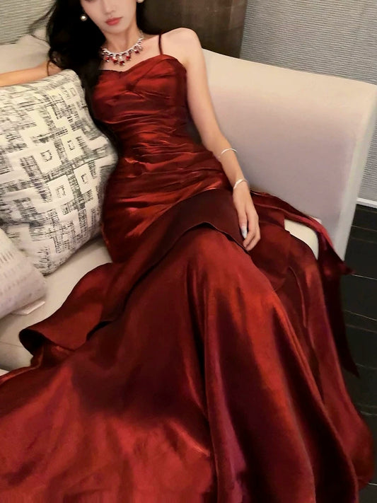 Modest Mermaid Spaghetti Straps Burgundy Wine Red Long Prom Dresses High School Teens Graduation Dance Dress 20th Birthday Outfits AB2502