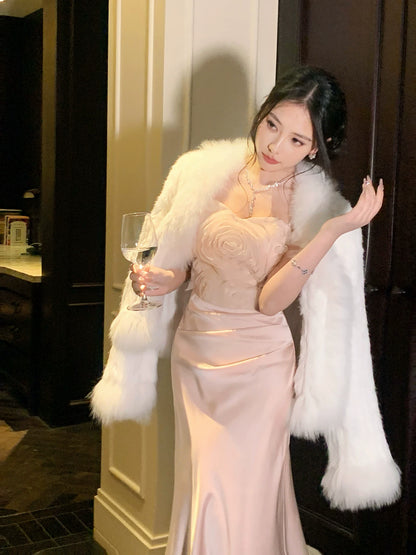 Sexy Meerjungfrauen-Abendkleid mit Spaghettiträgern aus rosa Satin, auch als Hochzeitsgastkleid oder Outfit zum 20. Geburtstag geeignet (AB2464)
