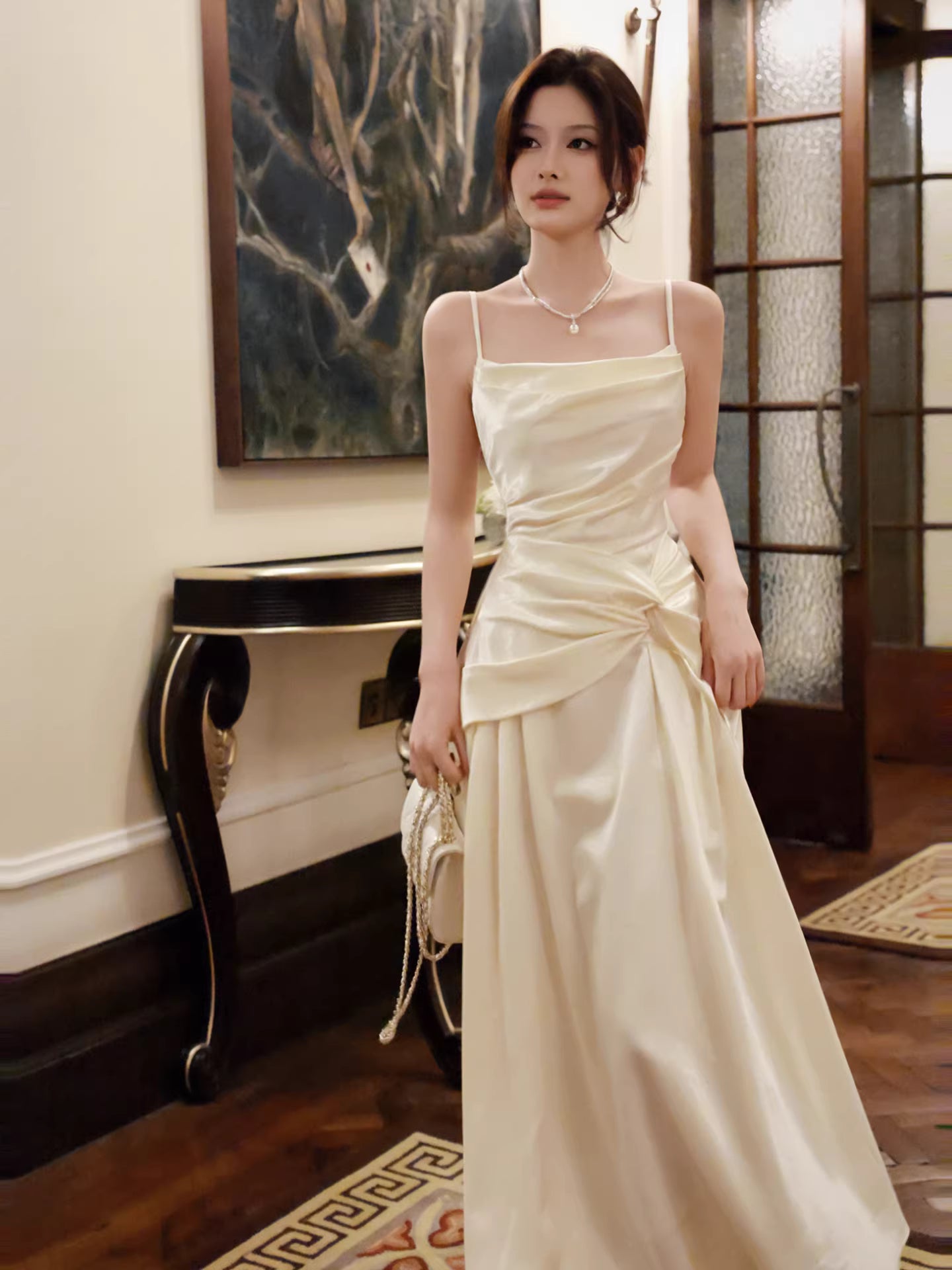 Sexy A-Linien-Abendkleid mit Spaghettiträgern aus elfenbeinfarbenem Satin, langes Kleid, Hochzeitsgastkleid, Outfit zum 20. Geburtstag AB2480