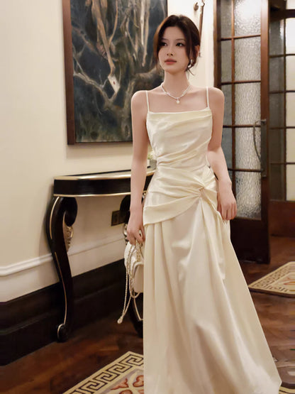 Sexy A-Linien-Abendkleid mit Spaghettiträgern aus elfenbeinfarbenem Satin, langes Kleid, Hochzeitsgastkleid, Outfit zum 20. Geburtstag AB2480