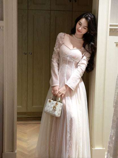 Robe de bal plissée en dentelle à manches longues et coupe trapèze, idéale pour une remise de diplôme, un 18e anniversaire ou toute autre occasion spéciale (N091)