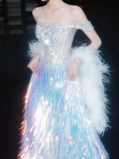 Robe de bal pailletée à épaules dénudées, sequins bleus, inspiration robe de soirée longue pour un 20e anniversaire AB2339
