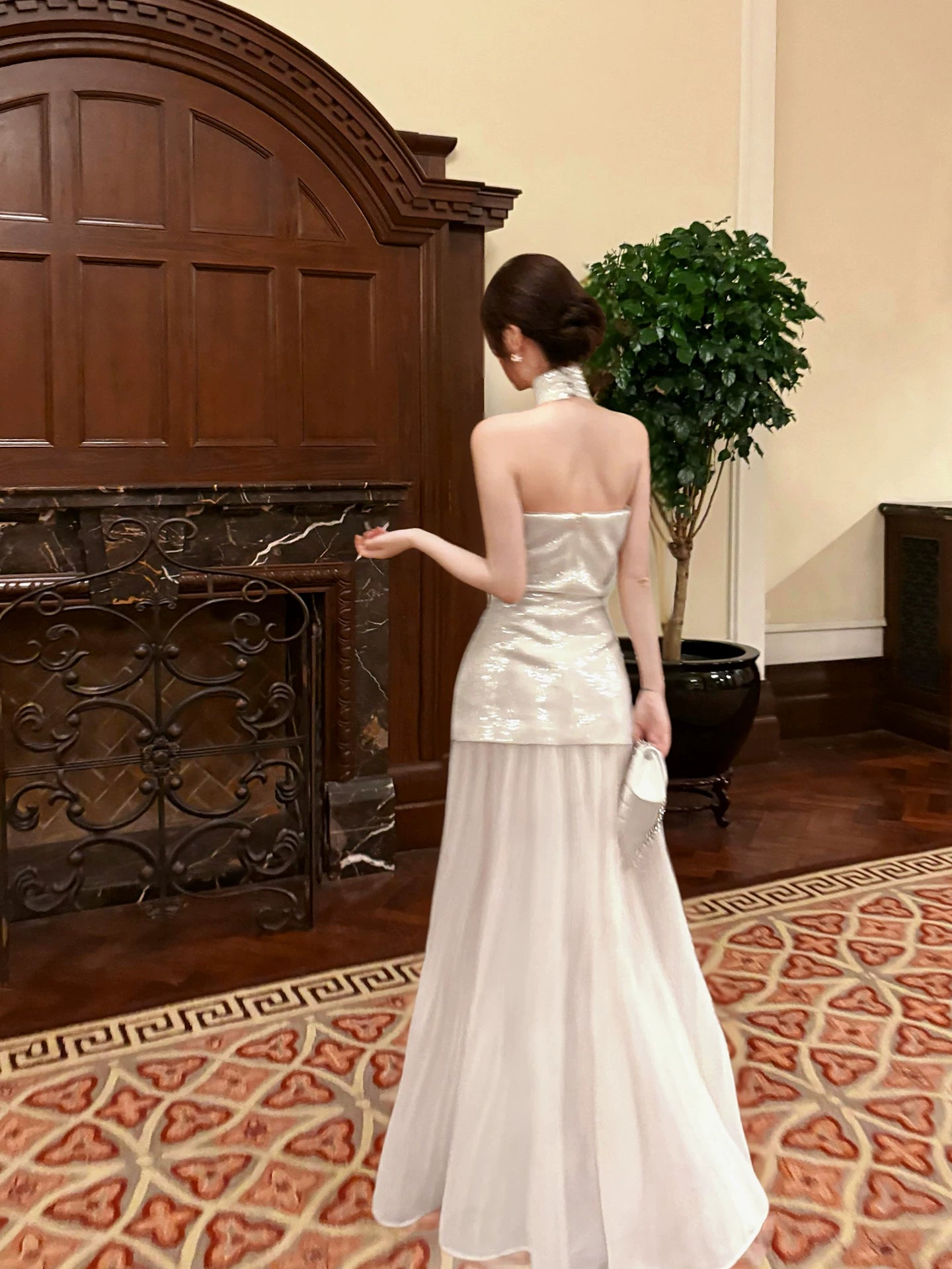 Elegantes Meerjungfrauen-Halterkleid in Elfenbein, knöchellang, für Abschlussball, 17. Geburtstag, Party, AB2484
