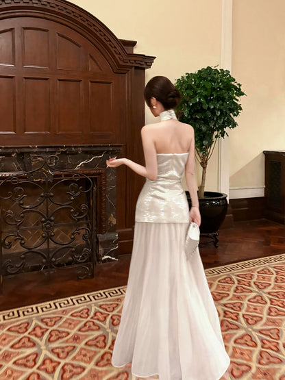 Elegantes Meerjungfrauen-Halterkleid in Elfenbein, knöchellang, für Abschlussball, 17. Geburtstag, Party, AB2484