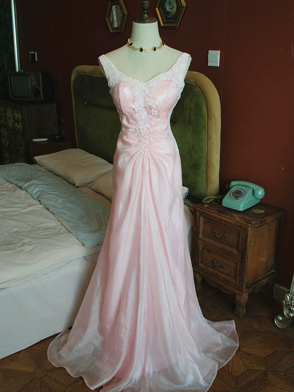 Vintage Meerjungfrauenkleid aus den 1960er Jahren, rosa mit Rüschen und Spitze, Inspiration für lange Party-Abendkleider, Outfits zum 18. Geburtstag AB2379