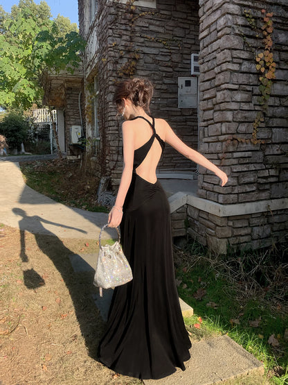 Robe de bal sirène élégante, dos nu, sans manches, noire, style licou, idéale pour une soirée d'anniversaire ou un 16e anniversaire (AB2436)