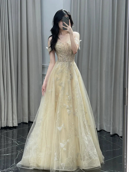 Robe de bal longue élégante à épaules dénudées, manches courtes et sequins, coupe trapèze, idéale pour les soirées dansantes et les fêtes (AB2200)