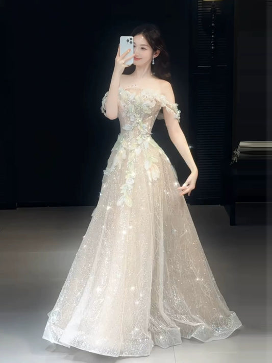 Cute A line Off The Shoulder With Cap Sleeves Sequins Champagne Long Formal Prom Dresses Dance Night Outfits Party Gowns AB2202