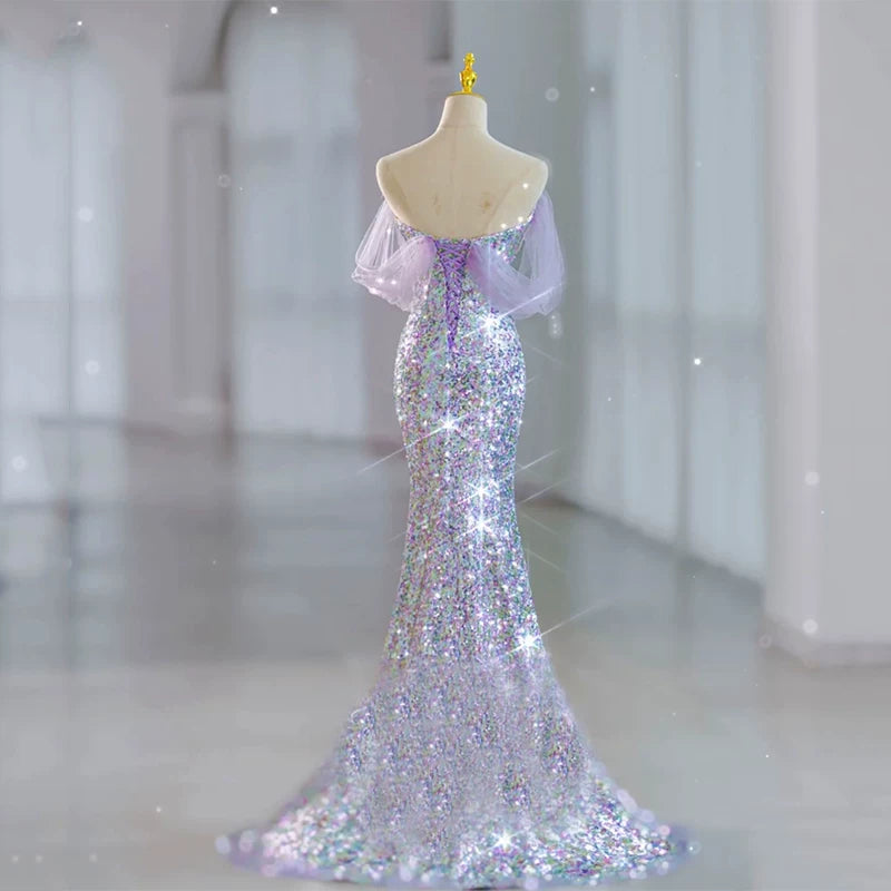 Elegantes, schulterfreies Meerjungfrauen-Abendkleid mit Pailletten in Flieder – Inspiration für lange Partys und den 19. Geburtstag AB2319