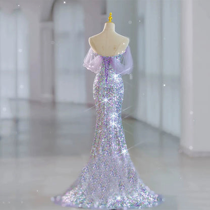 Elegantes, schulterfreies Meerjungfrauen-Abendkleid mit Pailletten in Flieder – Inspiration für lange Partys und den 19. Geburtstag AB2319