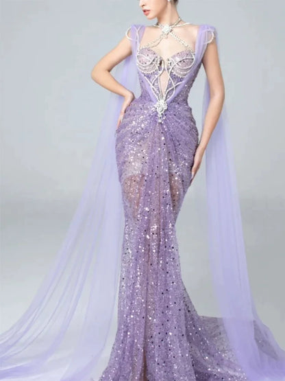 Glitzerndes Meerjungfrauen-Abendkleid, Neckholder, lila Pailletten, langes Ballkleid, Partykleid, Outfit zum 21. Geburtstag AB2317