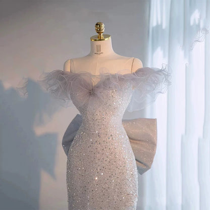 Glitzerndes Meerjungfrauen-Abendkleid, schulterfrei, Pailletten, langes Ballkleid, Partykleid, Outfit zum 21. Geburtstag AB2322