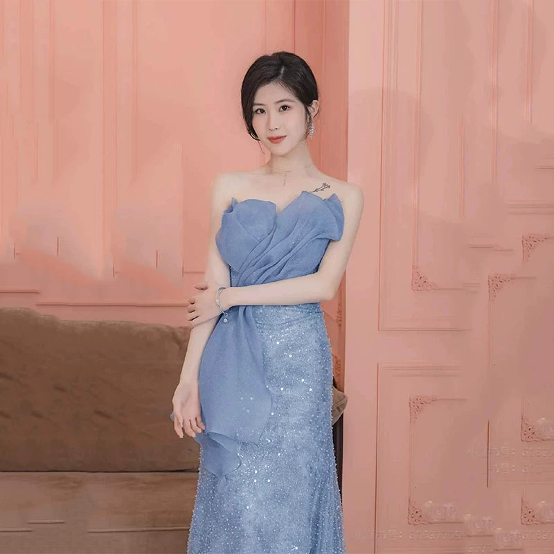 Elegantes, trägerloses Meerjungfrauen-Abendkleid in Altblau mit Pailletten – Inspiration für lange Partys und besondere Anlässe wie den 20. Geburtstag (AB2330)